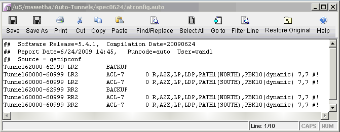 Text editor window showing atconfig.auto with network configuration for tunnels, backup, ACLs, and routing paths.