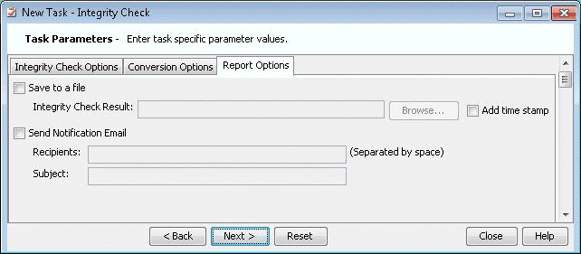 Software interface for setting up a new task named Integrity Check with tabs for options, file saving, email notifications, and navigation buttons.