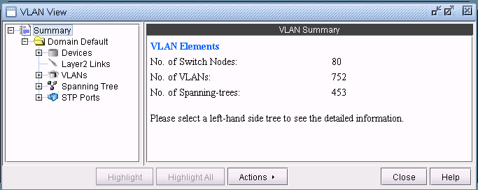 VLAN management interface with a tree structure on the left and VLAN summary on the right. 80 switch nodes, 752 VLANs, 453 spanning-trees.