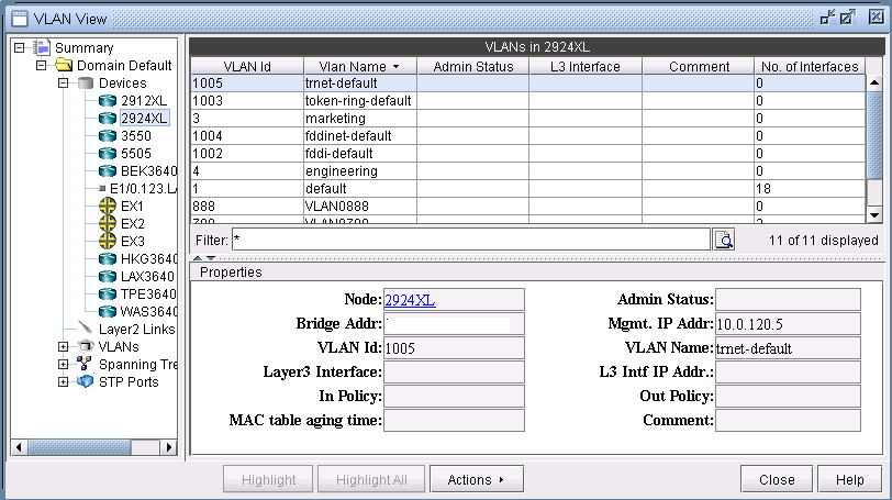 VLAN management interface screenshot showing VLAN list on device 2924XL with details like VLAN ID, Name, Admin Status, and Management IP Address.