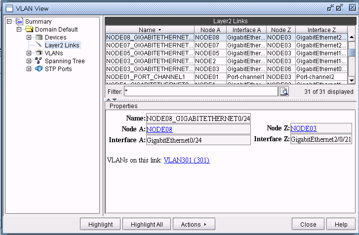 Screenshot of VLAN View in a network management tool showing Layer 2 links, nodes, interfaces, and associated VLANs.
