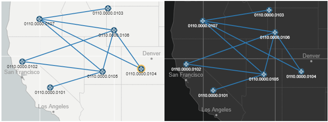 Network topology map with nodes labeled as identifiers connected by blue lines over western US cities like San Francisco and Denver.
