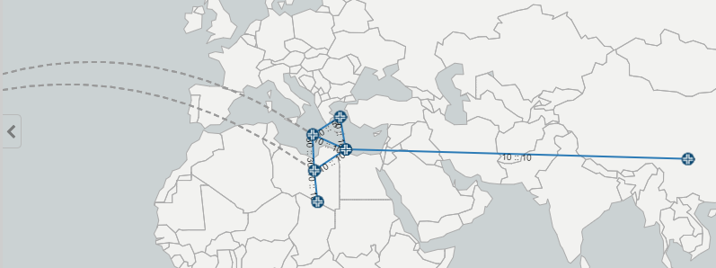 Map showing network of blue lines connecting points in Europe, the Middle East, and parts of Africa and Asia, forming a triangular pattern in the Middle East.
