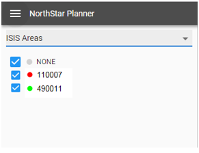 NorthStar Planner dropdown menu labeled ISIS Areas with options NONE unselected 110007 red dot selected 490011 green dot selected