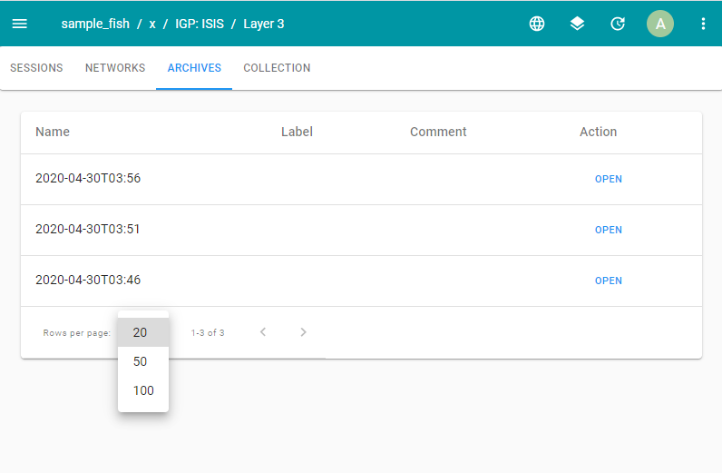 Web app interface showing ARCHIVES section with table of entries by date and time. Columns are Name, Label, Comment, and Action with OPEN link. Dropdown for rows per page selection. Navigation path: sample_fish / x / IGP: ISIS / Layer 3.
