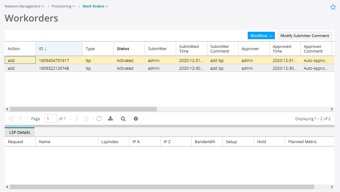 Network management interface showing provisioning work orders table with two activated entries. Columns: Action, ID, Type, Status, Submitter, Submitted Time, Submitter Comment, Approver, Approved Time, Approver Comment. LSP Details section below with empty fields.