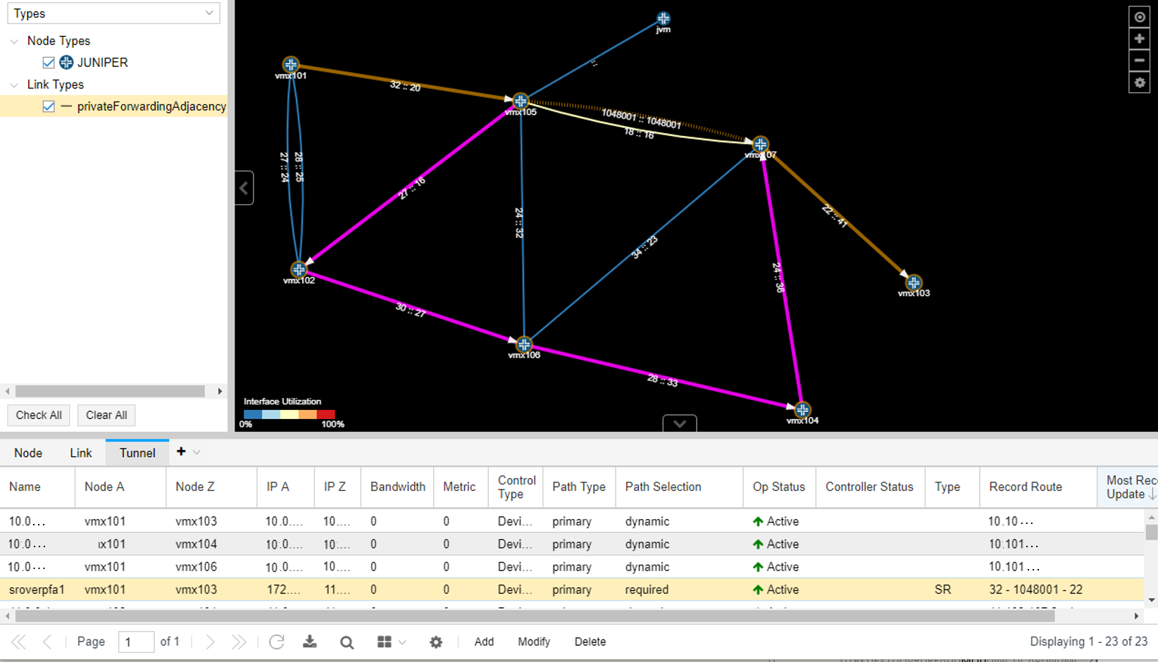 Network topology visualization showing nodes like vmx101 and vmx102, links with varying utilization, and a table detailing connections.