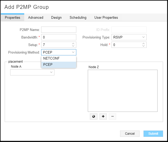 Configuration interface for adding a P2MP group in a network management system with fields for P2MP Name, Bandwidth, Setup, Hold, and ID Prefix, dropdowns for Provisioning Type and Method, and buttons for Submit and Cancel.