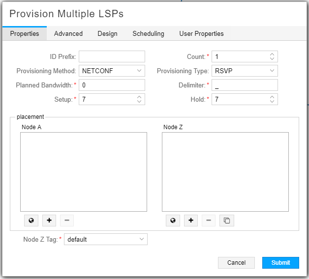 Screenshot of a network tool interface for configuring multiple Label Switched Paths in MPLS networks, showing fields for ID Prefix, Count, Provisioning Method and Type, and bandwidth. Tabs include Properties, Advanced, and Design.