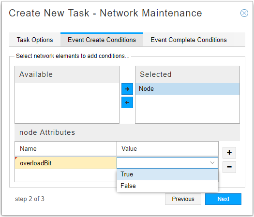 Step 2 of 3 in task creation for network maintenance. Active tab: Event Create Conditions with Node moved to Selected section. Configuring overloadBit attribute to True or False.