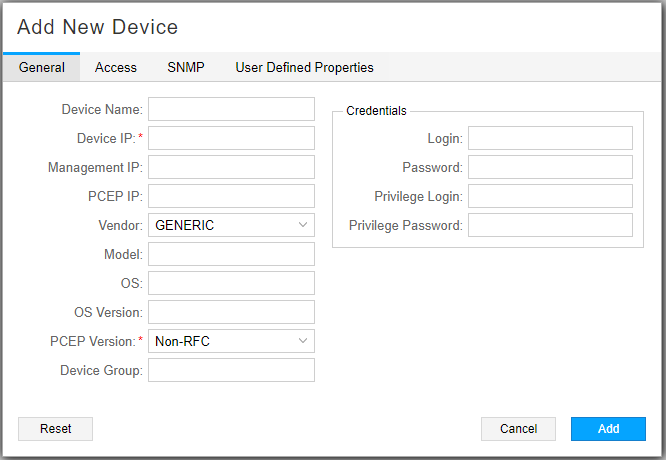 Form for adding a new network device with fields for device details and credentials, including buttons for Reset, Cancel, and Add.