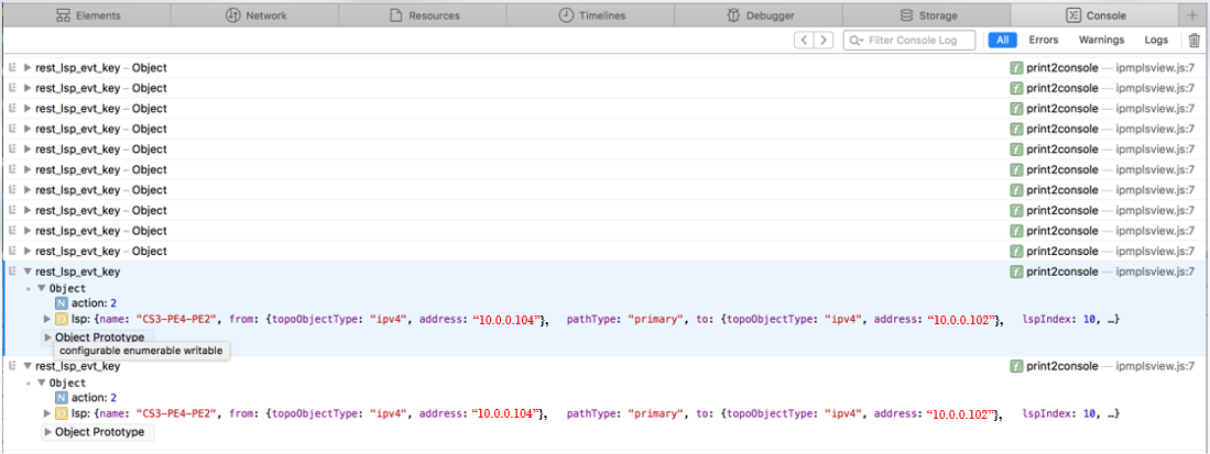 Screenshot of browser developer tools console showing logged JavaScript objects related to network data with LSP details and action value 2.