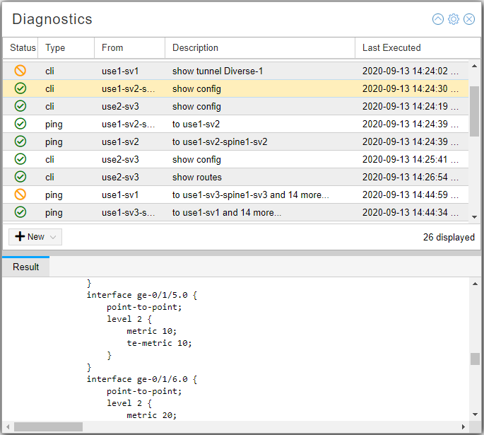 Diagnostics interface showing task statuses, types, sources, descriptions, and timestamps. Result section displays network interface configurations.