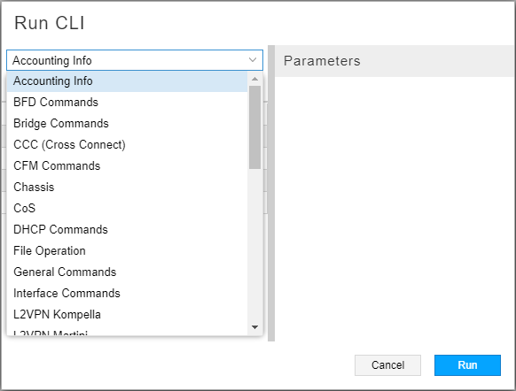Graphical interface for CLI commands with a dropdown for command categories and empty Parameters section. Cancel and Run buttons are at the bottom.
