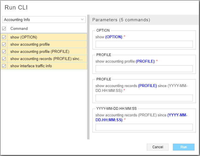 Graphical user interface for running CLI commands in a system management tool with dropdown menu, command list, parameter inputs, and Run and Cancel buttons.