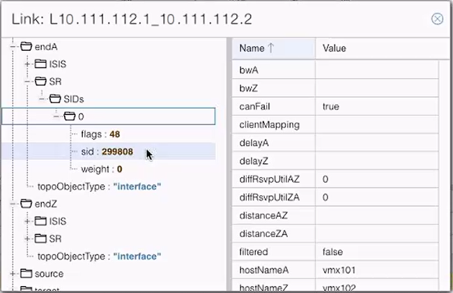 Network tool interface showing a link labeled L10.111.112.1_10.111.112.2 with attributes like endA and SIDs. A table lists parameters: bwA, bwZ, canFail true, delayA, delayZ, hostNameA vmx101, hostNameZ vmx102.