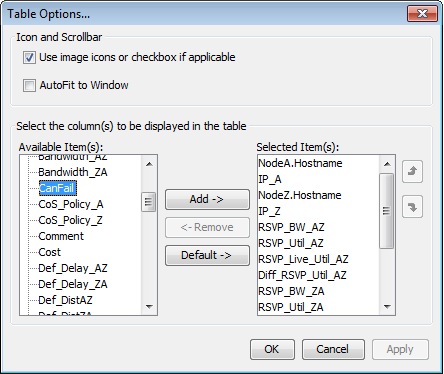 Table Options dialog box for customizing table columns with Available Items and Selected Items sections, Add and Remove buttons, and OK, Cancel, and Apply buttons.