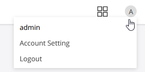 Dropdown menu with options: admin, Account Setting, Logout; cursor pointing to menu; icon with letter A.