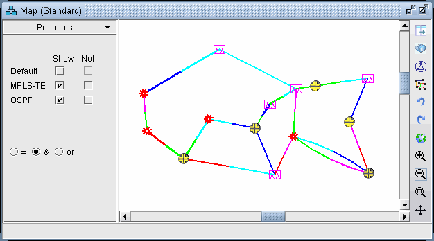 Network topology map showing nodes and links with protocols MPLS-TE and OSPF. Checkboxes toggle protocol visibility.
