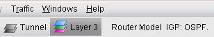 Network simulation GUI with menu options Traffic, Windows, Help. Icons for Tunnel, Layer 3. Text Router Model IGP: OSPF.