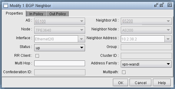 Configuration window for modifying BGP neighbor with fields for AS numbers, node details, interface, status, and address family options. Includes tabs for In Policy and Out Policy, and buttons for OK, Cancel, and Help.
