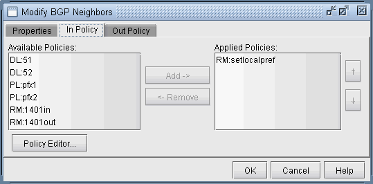Graphical user interface for configuring BGP neighbor policies with tabs for Properties, In Policy, Out Policy; lists of Available and Applied Policies; Add, Remove, Up/Down buttons; Policy Editor; and action buttons for OK, Cancel, Help.