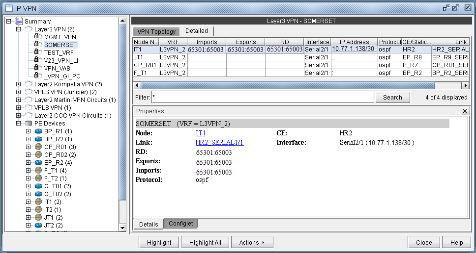 Screenshot of a network tool showing IP VPN configurations with a focus on the SOMERSET Layer3 VPN, listing nodes like IT1 and details such as VRF names and OSPF protocol.