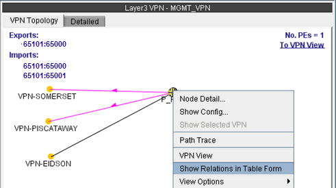 Layer 3 VPN topology with nodes VPN-SOMERSET, VPN-PISCATAWAY, VPN-EIDSON showing connections. Options menu open. One PE router indicated.