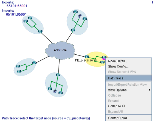 Network diagram showing AS65534 with nodes like PE_piscataway. Context menu open with options like Node Detail, Show Config. Path Trace operation from CE_piscataway mentioned.