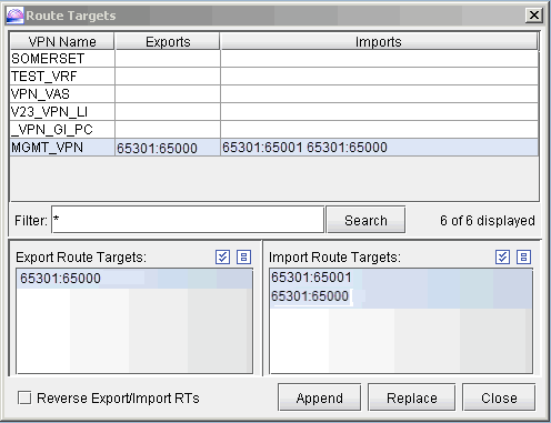 Route Targets configuration window showing VPN names, export and import route targets, and options to filter, append, replace, or reverse targets.