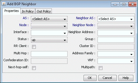 Add BGP Neighbor dialog box for configuring BGP neighbor in network management app with fields for AS numbers, nodes, status, neighbor address, RR client, multi-hop, confederation ID, next-hop-self, and buttons for OK, Cancel, and Help.