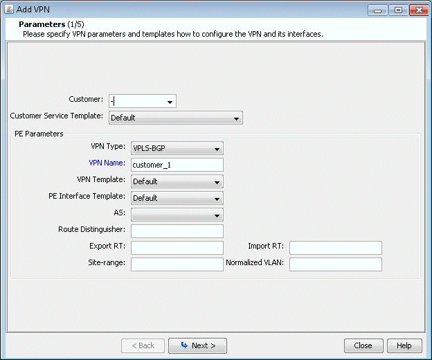 Add VPN configuration window showing step 1 of 5 with dropdowns for customer and service templates, text fields for VPN parameters, and navigation buttons.