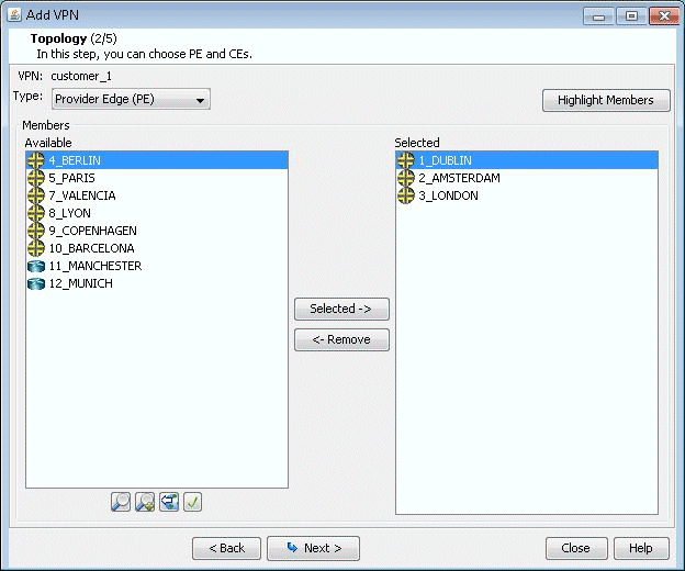 Add VPN wizard step 2 of 5, Topology. VPN Name: customer_1. Type: Provider Edge. Available locations: Berlin, Paris. Selected locations: Dublin, Amsterdam, London.