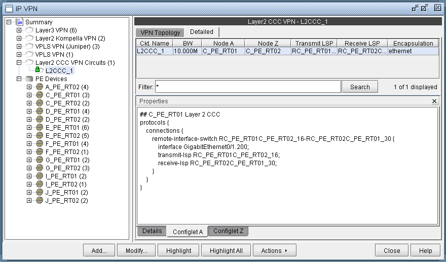 Network management interface for configuring and monitoring Layer 2 CCC VPNs. Selected circuit: L2CCC_1 with endpoints C_PE_RT01 and C_PE_RT02, bandwidth 10.000M, using Ethernet encapsulation.