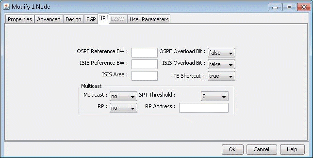 Modify 1 Node window in network software; IP tab open. Settings: OSPF and IS-IS configurations, multicast options. Buttons: OK, Cancel, Help.