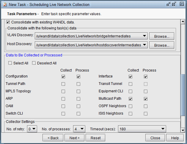 Software interface for scheduling live network data collection with options for VLAN, Host Discovery, and WANDL data consolidation.