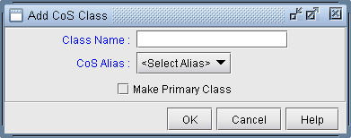 Dialog box titled Add CoS Class with fields for Class Name and CoS Alias, checkbox for Make Primary Class, and buttons for OK, Cancel, and Help.