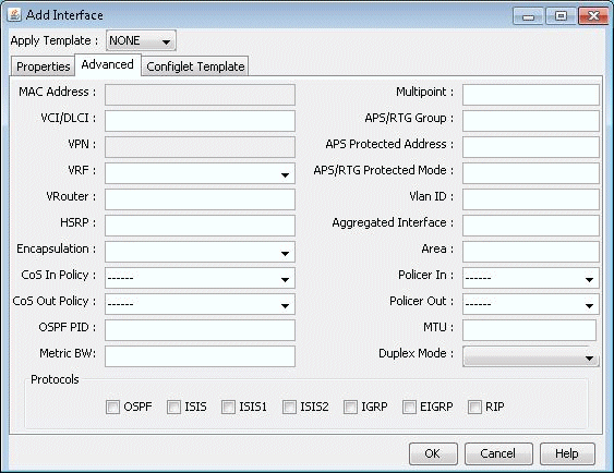 Graphical user interface for configuring a network interface with fields for MAC Address, VPN, VRF, VRouter, HSRP, and VLAN ID.