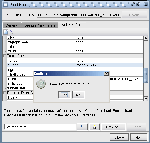 Software interface for loading network traffic files with Read Files window. Network Files tab active displaying parameters. Dialog box asks Load interface.refx now with Yes and No options.