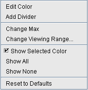 Context menu with options: Edit Color, Add Divider, Change Max, Change Viewing Range, Show Selected Color checked, Show All, Show None, Reset to Defaults.