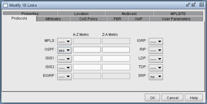 Modify 18 Links window; Protocols tab for configuring routing protocols like MPLS, OSPF, and EIGRP with dropdowns for settings and buttons for OK, Cancel, and Help.