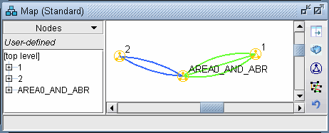 Graphical interface showing nodes panel with entries like 1, 2, AREA0_AND_ABR. Nodes 1 and 2 connect to AREA0_AND_ABR with blue and green lines. Toolbar on the right.