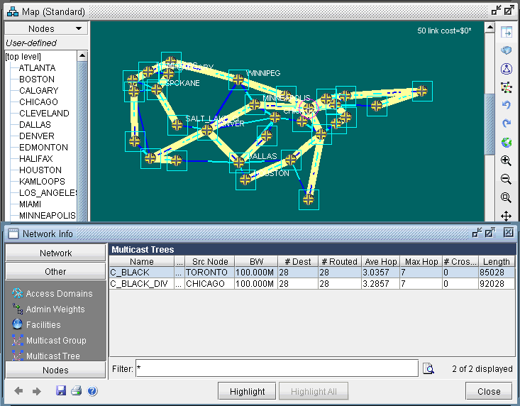 Graphical network topology with nodes labeled as cities connected by color-coded links. Includes node list, multicast tree details, and network management panel. Functions for zooming and filtering are available.