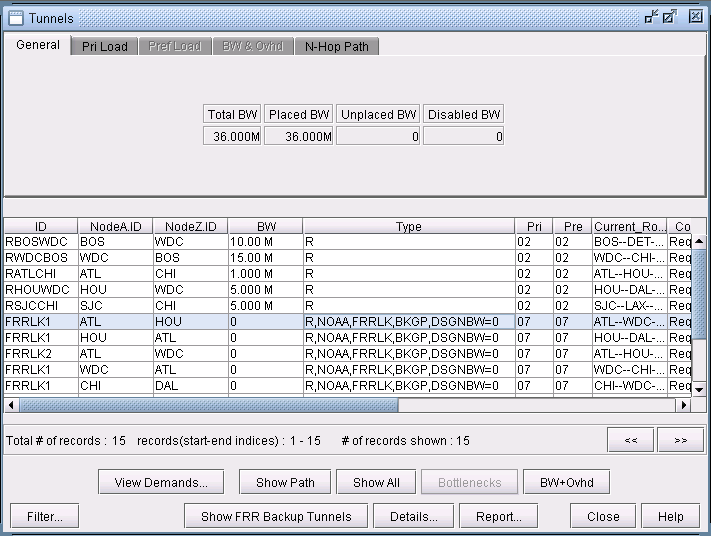 Network management tool screenshot showing tabs for tunnel configurations, bandwidth summary with total and allocated bandwidth, table listing tunnel details including IDs, nodes, bandwidth, type, and routes, along with action buttons for demands and path viewing.