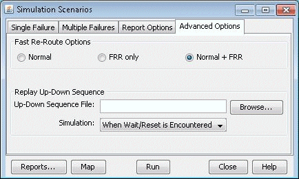 Software interface titled Simulation Scenarios with tabs for Single Failure, Multiple Failures, Report Options, and Advanced Options. Displaying Report Options with Fast Re-Route mode set to Normal plus FRR. Replay Up-Down Sequence field for file input and Simulation dropdown. Buttons: Reports, Map, Run, Close, Help.