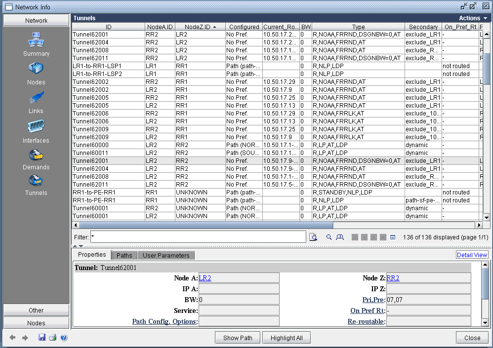 Network management tool interface displaying tunnel details with navigation sidebar, main table of tunnel information, filter options, and action controls for monitoring and troubleshooting.