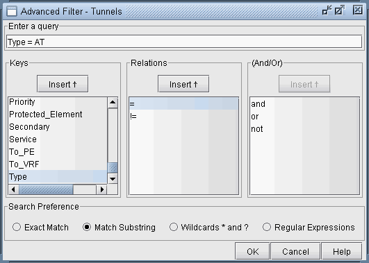Advanced Filter GUI for Tunnels with query input field, keys, relational and logical operators, search preferences, and action buttons.