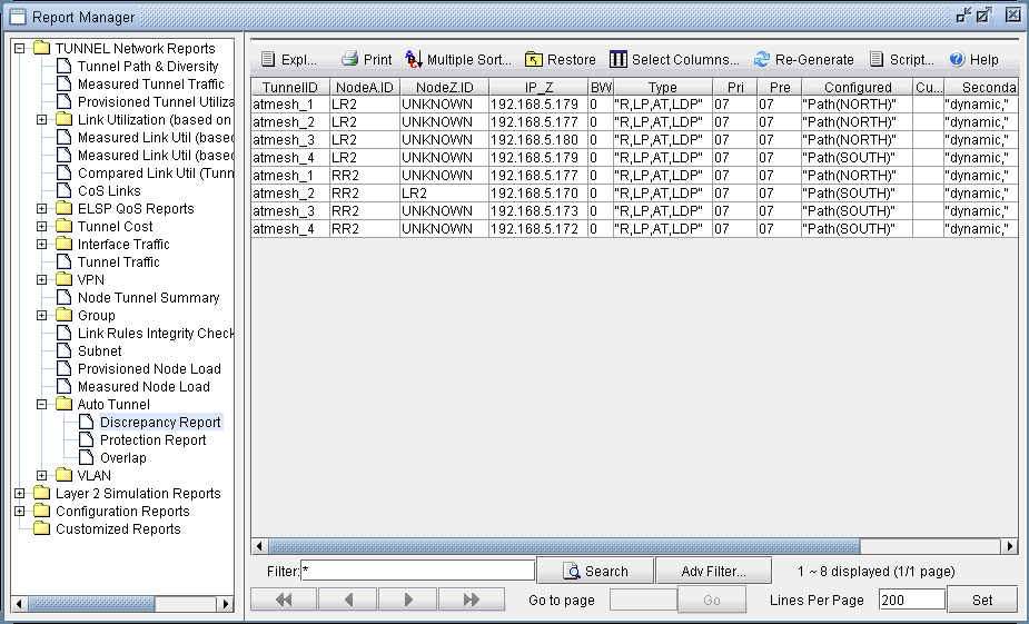 Report Manager interface showing a tree view of network report categories and a Discrepancy Report with tunnel data including TunnelID, Node IDs, IP, Bandwidth, and paths.