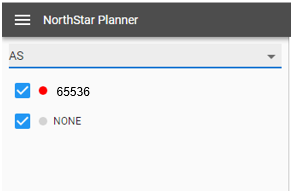 Dropdown menu from NorthStar Planner with options 65536 and NONE; both checked, red and gray dots respectively. Navigation icon visible.