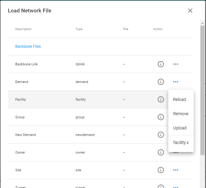 User interface for loading network files with a list under Backbone Files, highlighting Facility row with actions Reload, Remove, Upload.